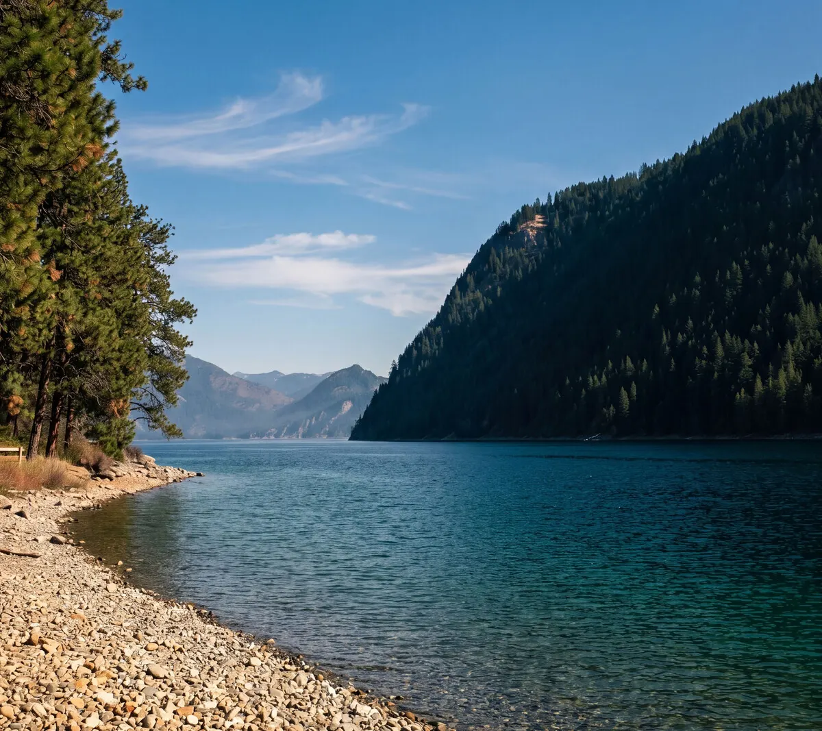Lake Pend Oreille from Farragut State Park, deep water against timbered shoreline
