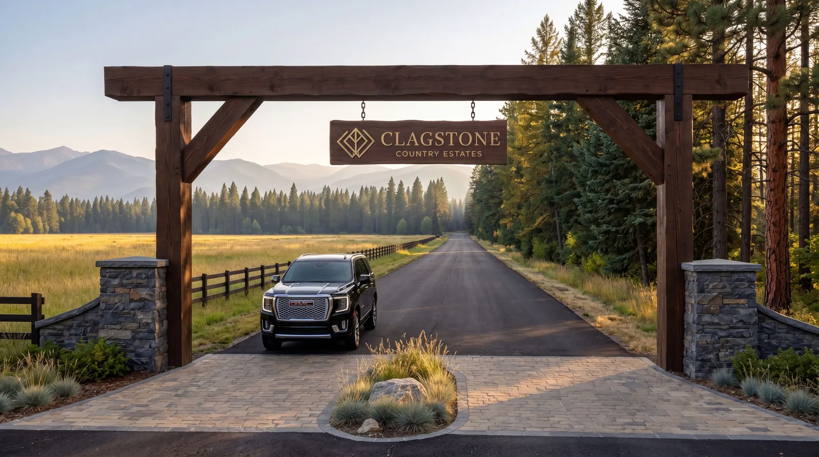 An artist's rendering of a timber post and beam arch over a paved lane, a hanging sign reading Clagstone Country Estates, stone piers either side and a rail fence running out along a meadow toward timber