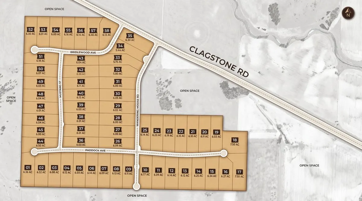 Plat map of Clagstone Country Estates showing all fifty-eight homesites