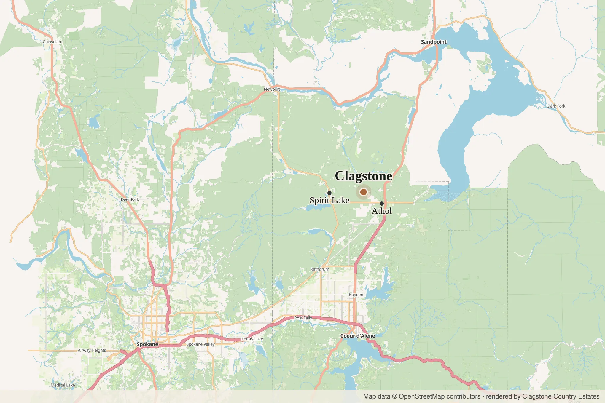 Regional map of the Idaho Panhandle, with Clagstone in the country between Coeur d'Alene and Sandpoint