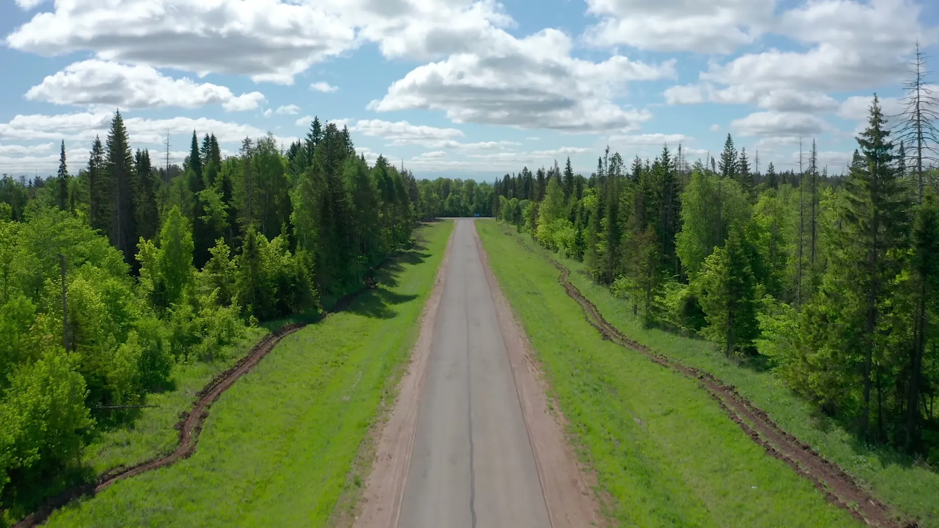 Aerial looking straight down a paved road running dead straight through conifer timber, grass verges and freshly worked earth along both shoulders, and no utility poles anywhere in the frame.