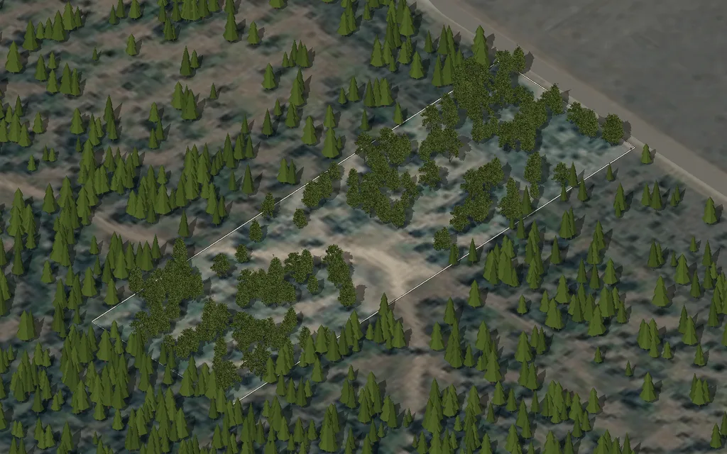Parcel 30 on Wandering Moose Rd, seen from the south-west over an aerial photograph, with the property line, the road and the nearby utilities drawn in and nothing built on it yet.
