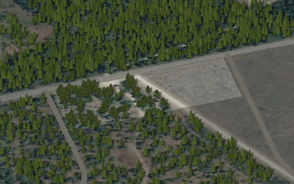 Parcel 35 on Wandering Moose Rd, seen from the south-west over an aerial photograph, with the property line, the road and the nearby utilities drawn in and nothing built on it yet.