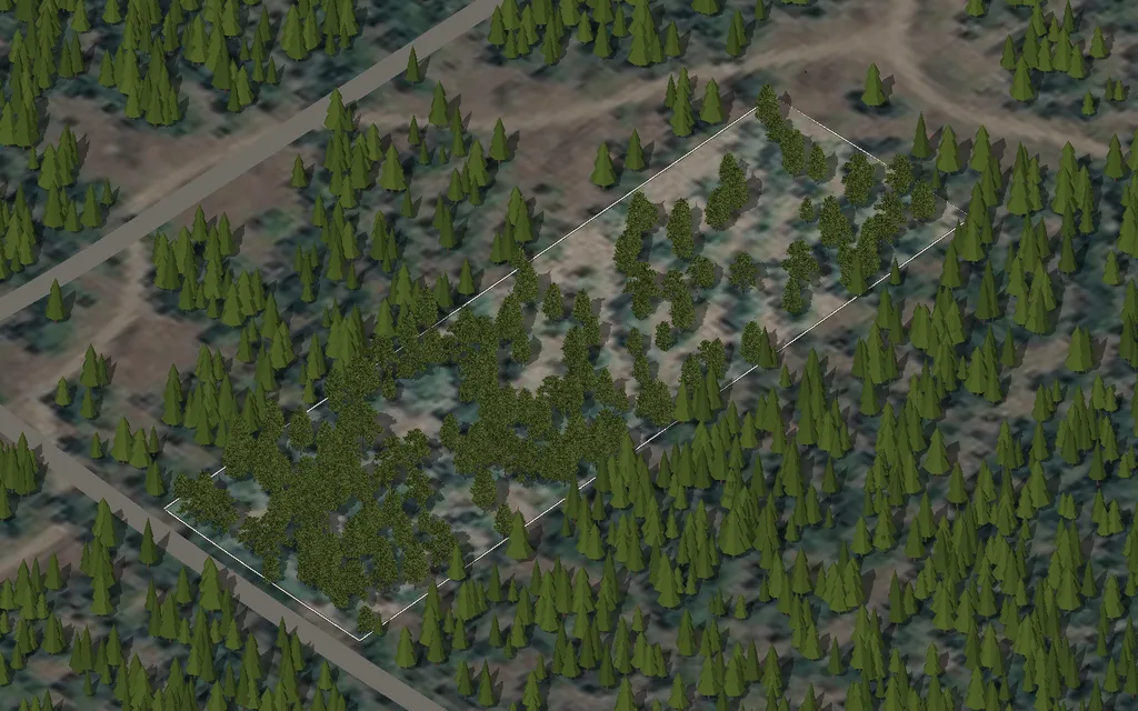 Parcel 42 on Mustang St, seen from the south-west over an aerial photograph, with the property line, the road and the nearby utilities drawn in and nothing built on it yet.
